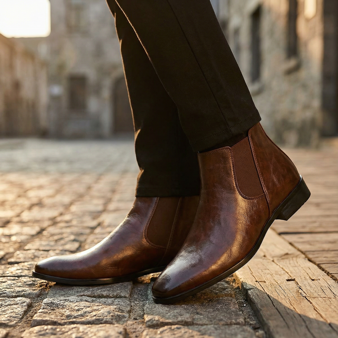 Versatile men's full-grain leather Chelsea boots, ideal slip-on footwear for both casual and dress occasions.
