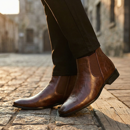 Versatile men's full-grain leather Chelsea boots, ideal slip-on footwear for both casual and dress occasions.