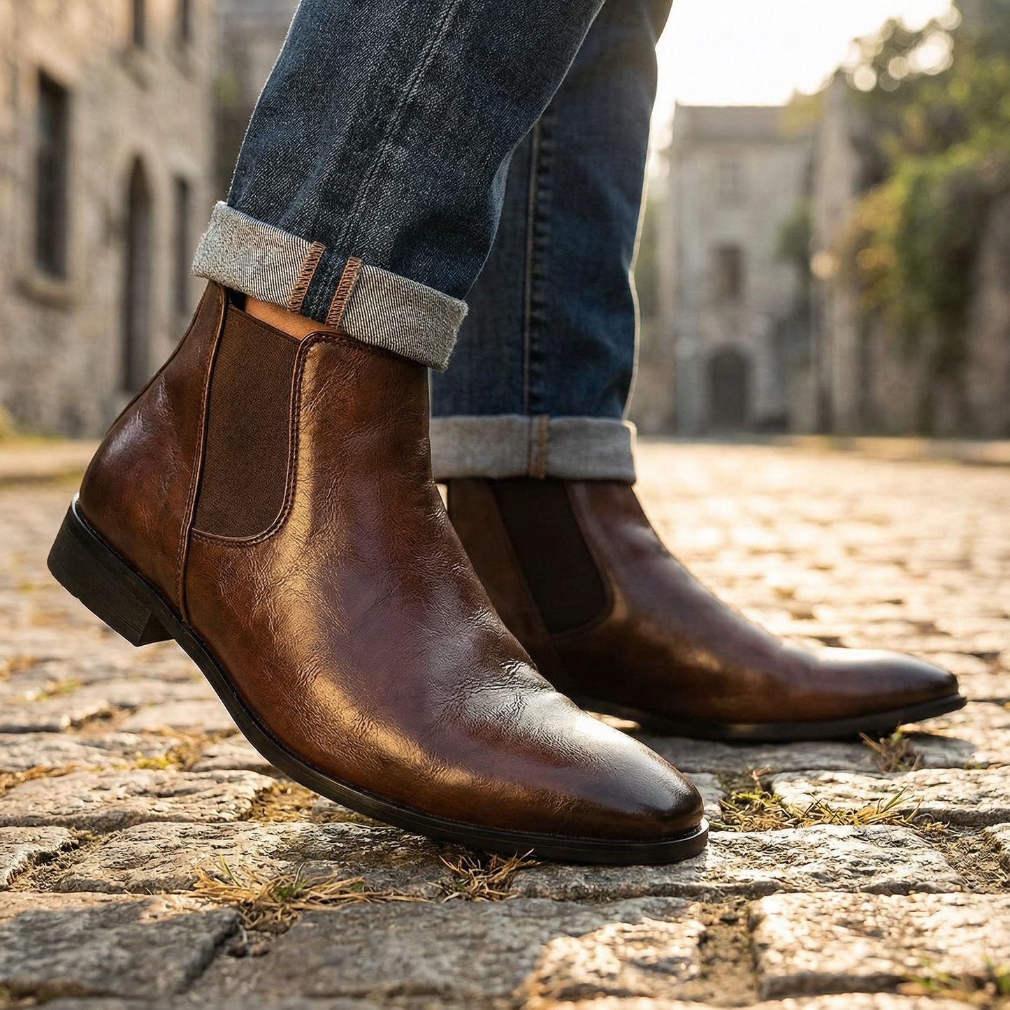 Rich full-grain leather men's Chelsea boots, sleek slip-on design with elastic side panels.
