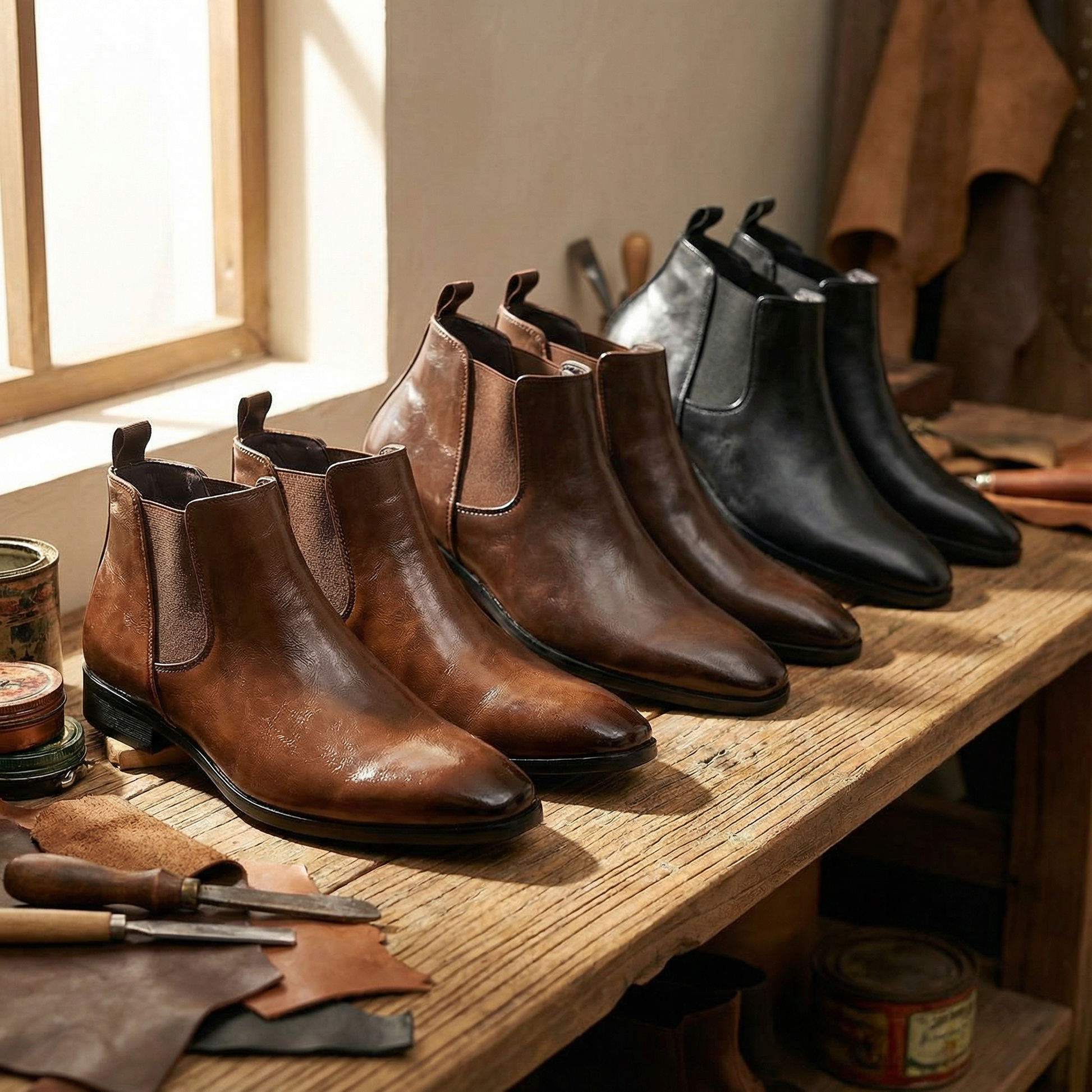Men's slip-on full-grain leather Chelsea boots with elastic gussets, durable and stylish ankle footwear.