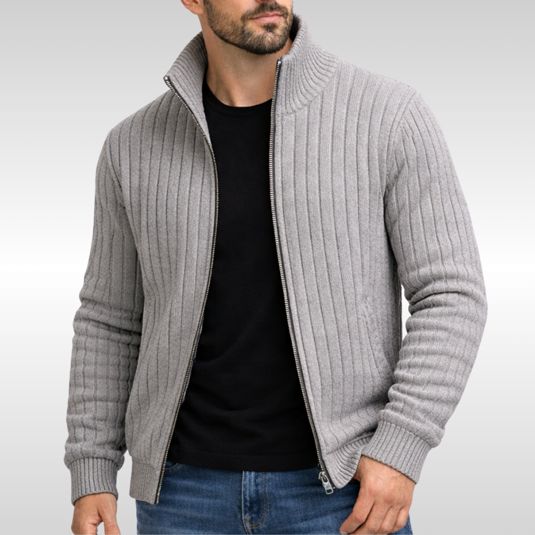 Men's ribbed zip-up sleeveless cardigan, perfect for everyday comfort and layering.