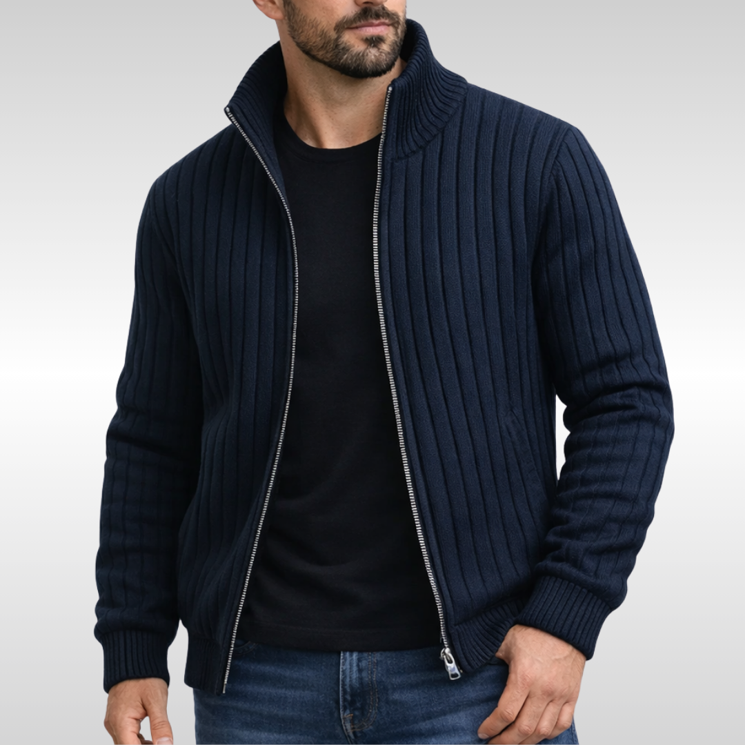Elegant men's full-zip vest, a versatile sleeveless cardigan for smart casual layering.