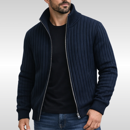 Elegant men's full-zip vest, a versatile sleeveless cardigan for smart casual layering.