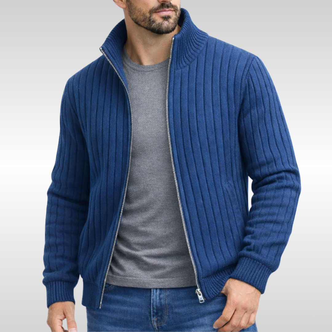 Men's full-zip ribbed vest cardigan, smart casual sleeveless outerwear for versatile layering.