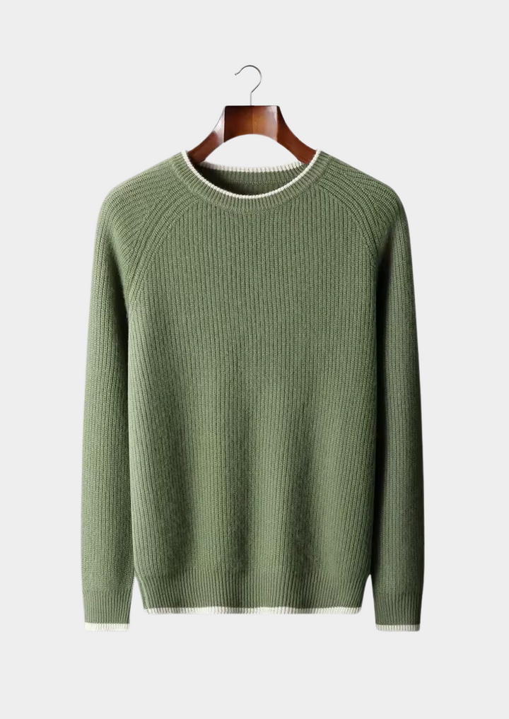 Men's all-season crew neck knitted sweater, styled casually for cooler weather.