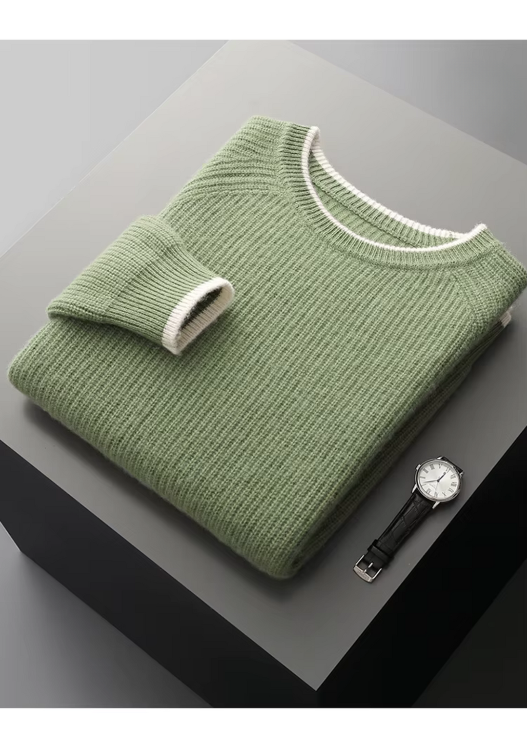 Back view of a men's classic crew neck knitted sweater in a comfortable fit.