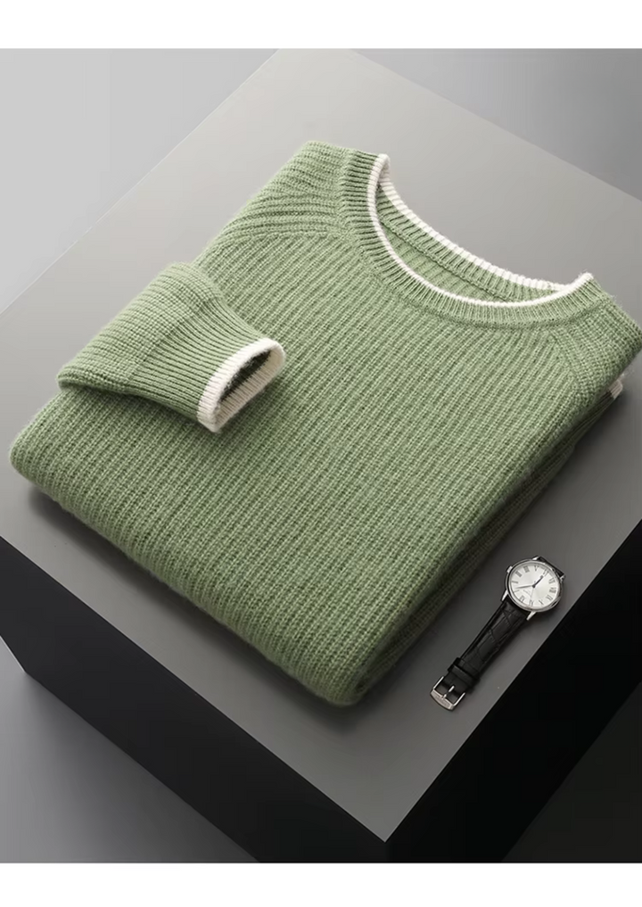Back view of a men's classic crew neck knitted sweater in a comfortable fit.