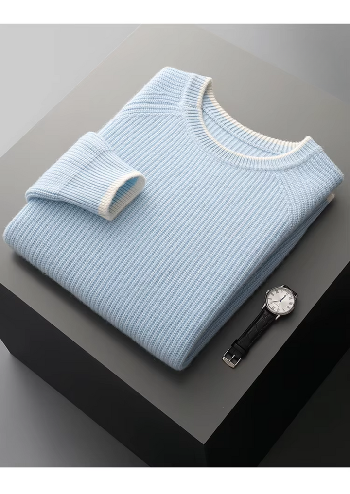 Timeless black men's crew neck knitted sweater, perfect for elegant all-season wear.