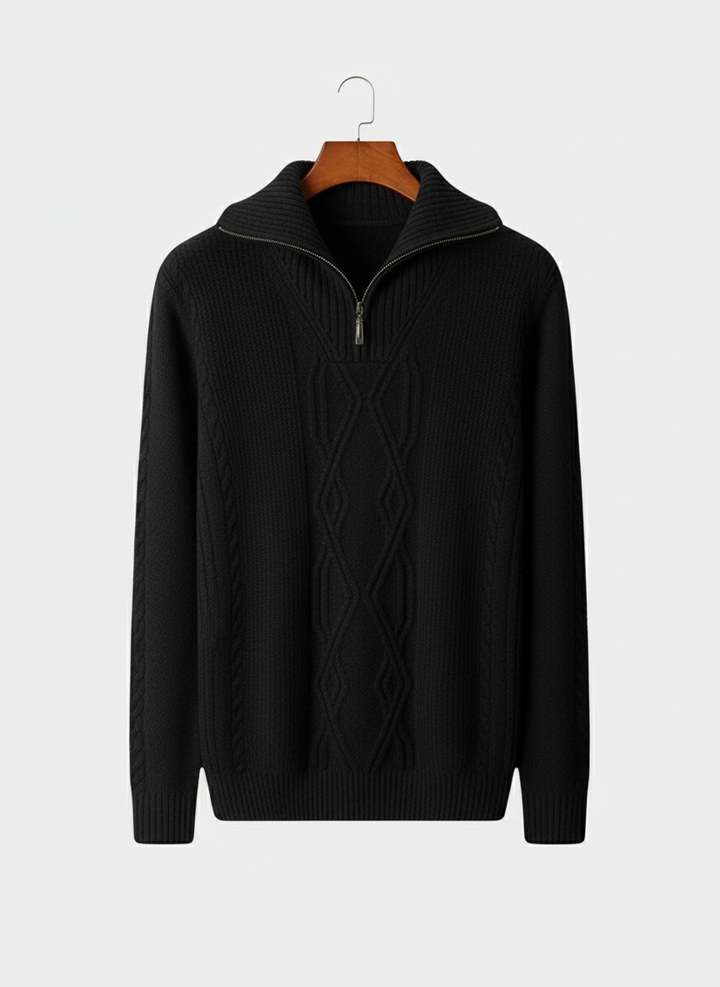 Men's classic half zip cable knit sweater with fold collar. Stylish and versatile for smart casual or everyday wear.