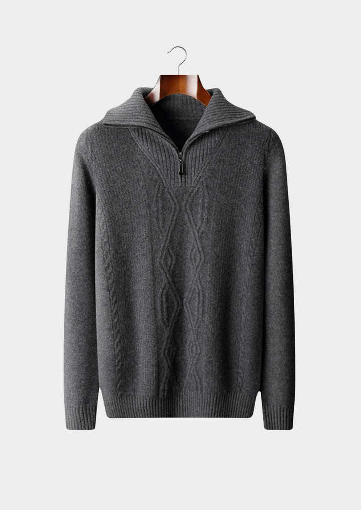 Versatile men's half zip cable knit sweater, ideal for all-season wear. Features a comfortable fold collar for a classic look.