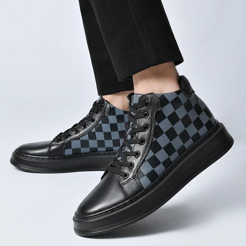 Fashionable men's high-top checkered sneakers, classic footwear for modern street style and casual outfits.