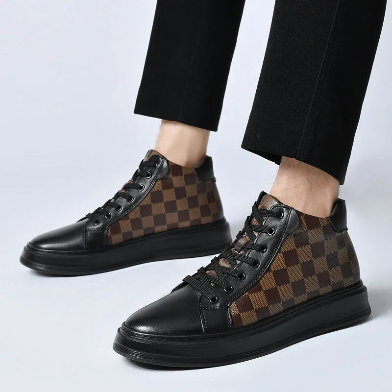 Stylish men's high-top shoes featuring a bold checkered pattern, ideal for a classic yet urban look.