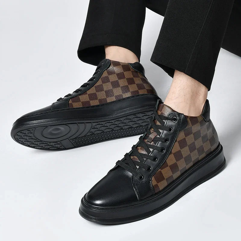 Close-up of men's classic high-top checkered sneakers, showcasing quality craftsmanship and urban design.
