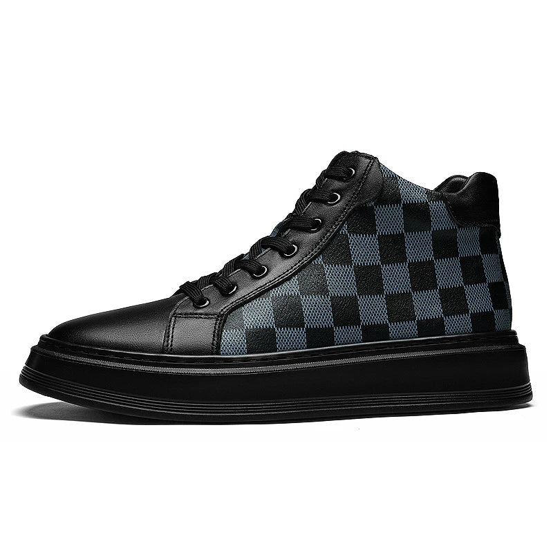 A pair of men's high-top checkered shoes, classic design for comfortable casual and street wear.