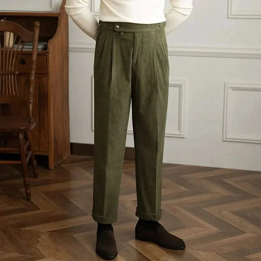 Men's classic high-waisted corduroy trousers, tailored fit, comfortable cotton, adjustable waist.