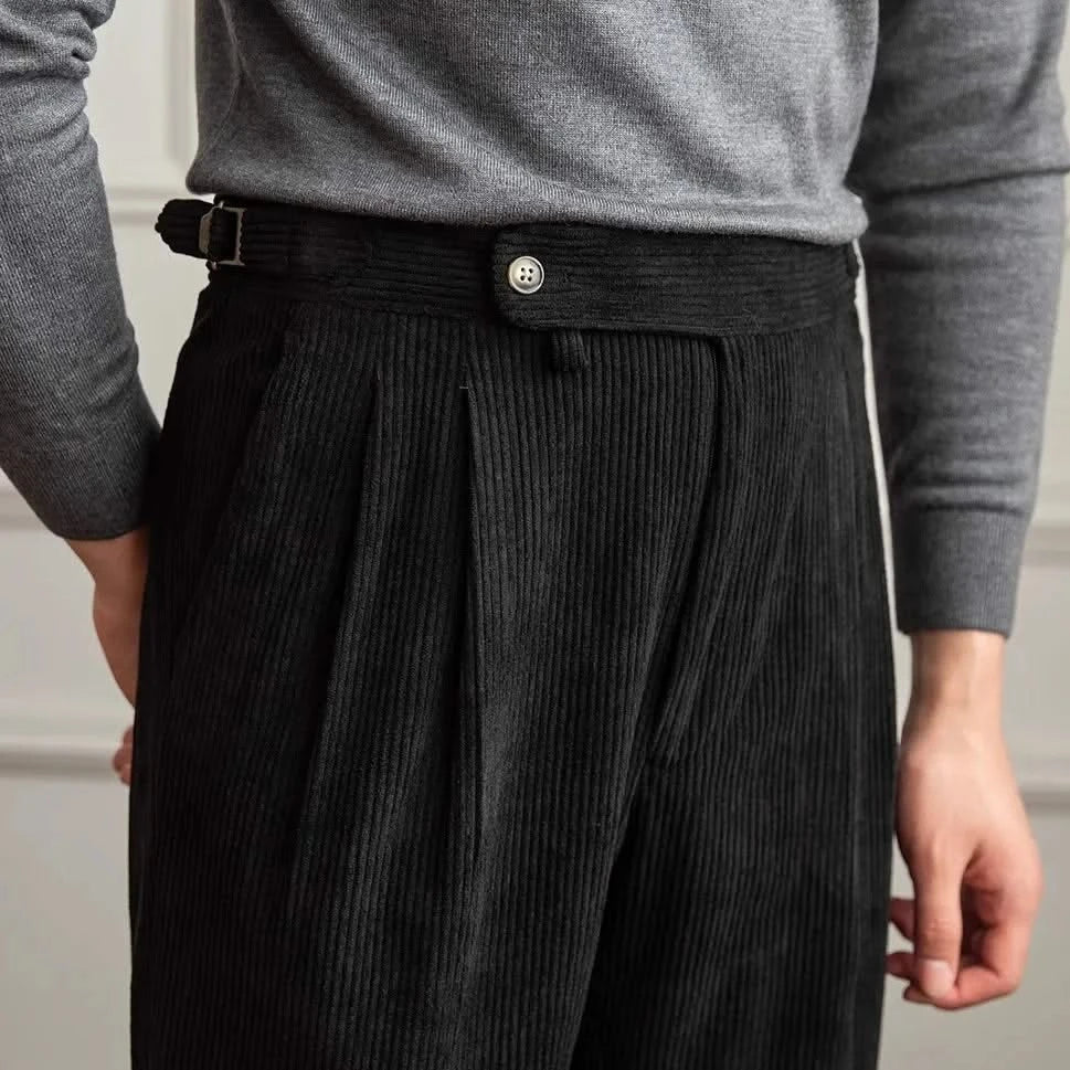 Vintage-inspired men's classic corduroy trousers, comfortable cotton fabric, high-waisted, adjustable.