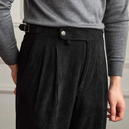 Vintage-inspired men's classic corduroy trousers, comfortable cotton fabric, high-waisted, adjustable.