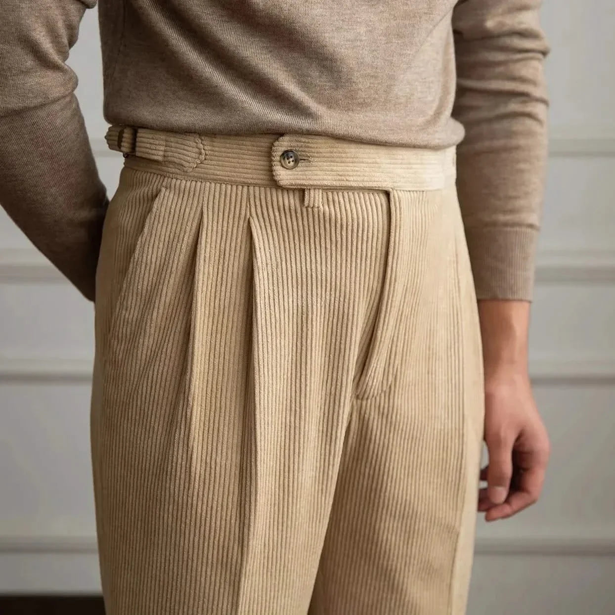 Versatile men's classic corduroy pants, tailored design, comfortable cotton, adjustable waist for fit.