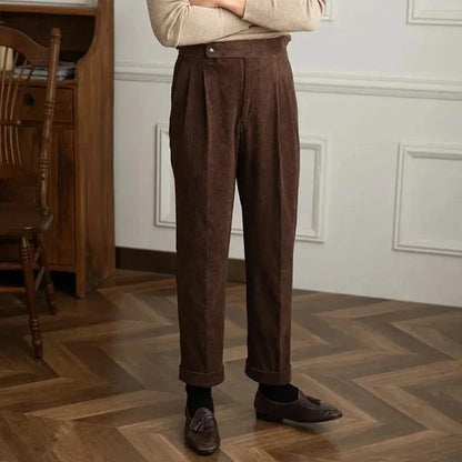 High-waisted corduroy trousers for men, soft cotton, classic vintage tailored look with adjustable waist.