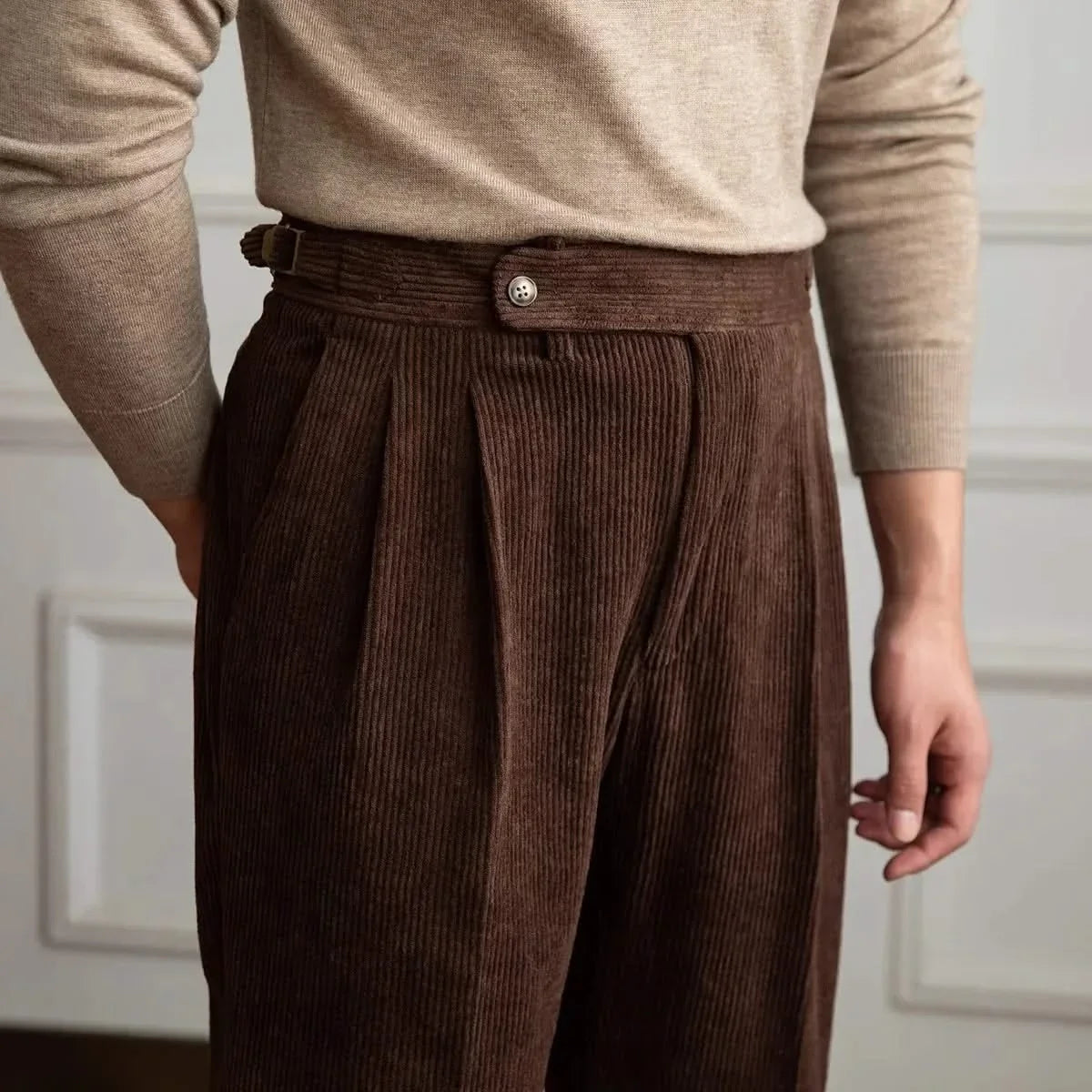 Modern classic men's corduroy pants, comfortable cotton, tailored, high-waisted with adjustable fit.