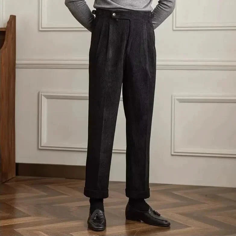 Men's tailored corduroy trousers, premium cotton, classic high-waisted design with an adjustable waist.
