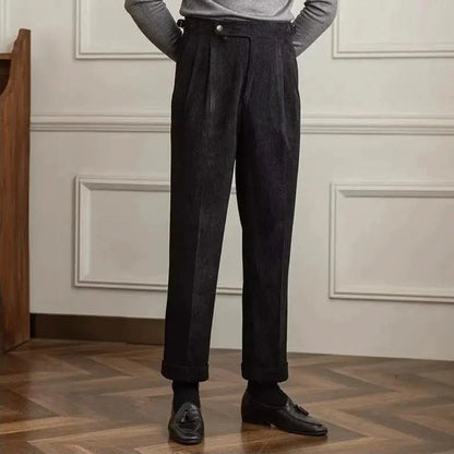 Men's tailored corduroy trousers, premium cotton, classic high-waisted design with an adjustable waist.