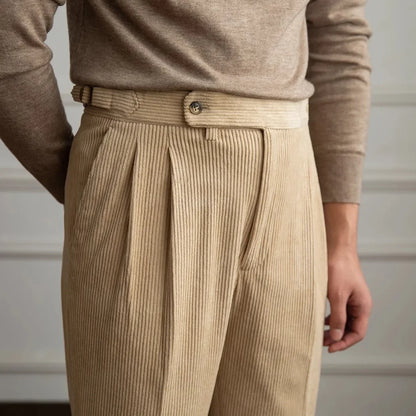 High-waisted men's pleated pants, classic design with an adjustable waist for smart casual fashion.