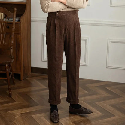 Men's tailored high-waisted trousers, pleated for a classic vintage look, suitable for work & everyday.