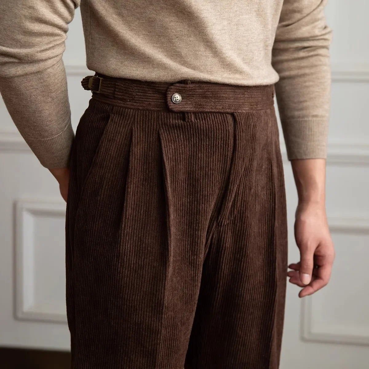 Classic men's pleated pants, high-waisted with a comfortable tailored fit, versatile for smart or casual.