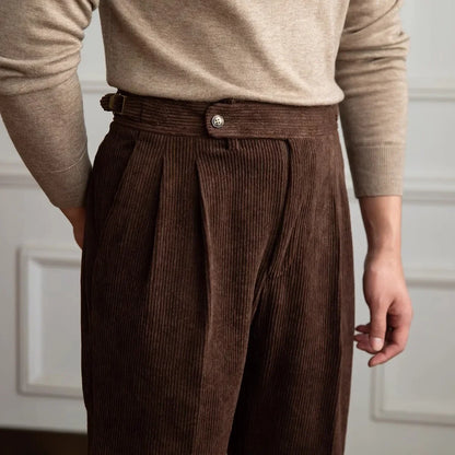 Classic men's pleated pants, high-waisted with a comfortable tailored fit, versatile for smart or casual.