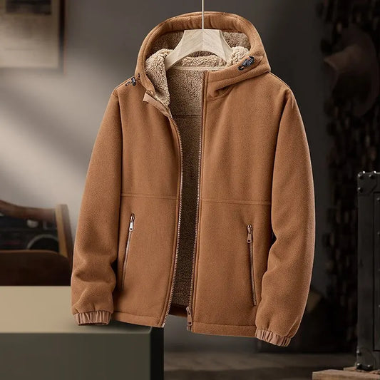 Men's classic hooded winter jacket, warm & stylish. Features zip pockets, perfect for cold weather outerwear.