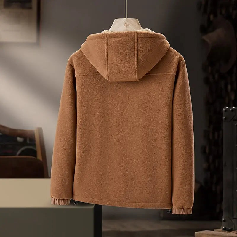 Stylish men's hooded winter jacket with a minimalist design, ideal for casual cold weather. Includes practical zip pockets.
