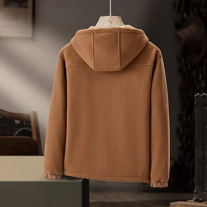 Stylish men's hooded winter jacket with a minimalist design, ideal for casual cold weather. Includes practical zip pockets.