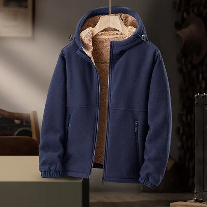 Men's classic hooded winter jacket, warm and stylish with zip pockets. Ideal outerwear for casual cold weather.