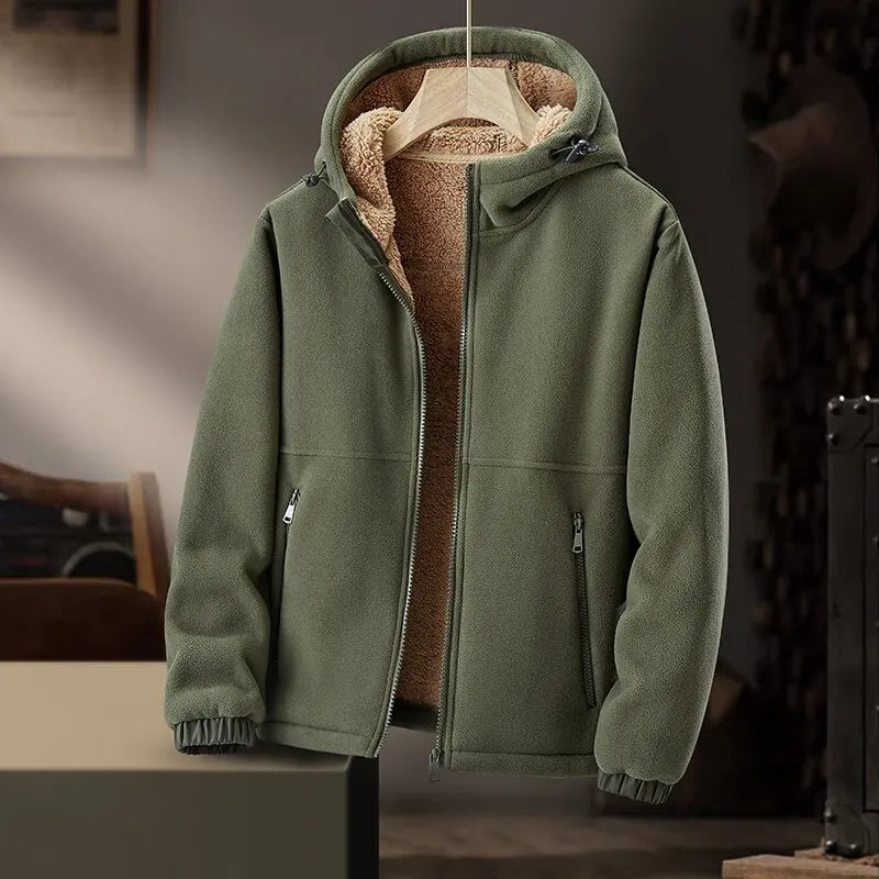 Classic men's hooded winter jacket, featuring a minimalist design and practical zip pockets for cold weather comfort.