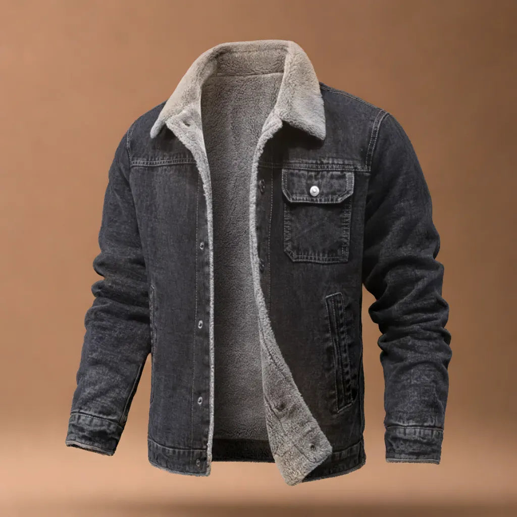 Model wearing men's classic insulated trucker jacket for a sharp fall fashion statement.