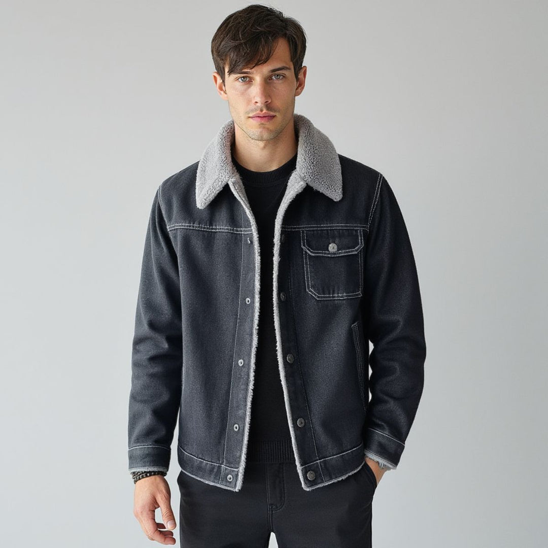Back view of men's classic trucker jacket, insulated outerwear for ultimate warmth.