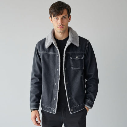 Back view of men's classic trucker jacket, insulated outerwear for ultimate warmth.