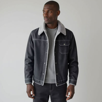 Detail shot of pockets on a men's classic insulated trucker jacket, casual & practical.