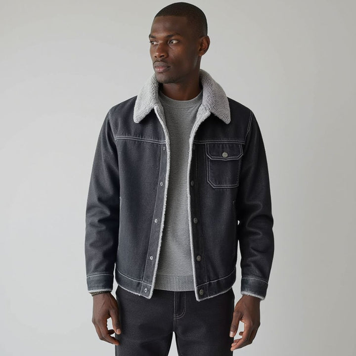 Detail shot of pockets on a men's classic insulated trucker jacket, casual & practical.