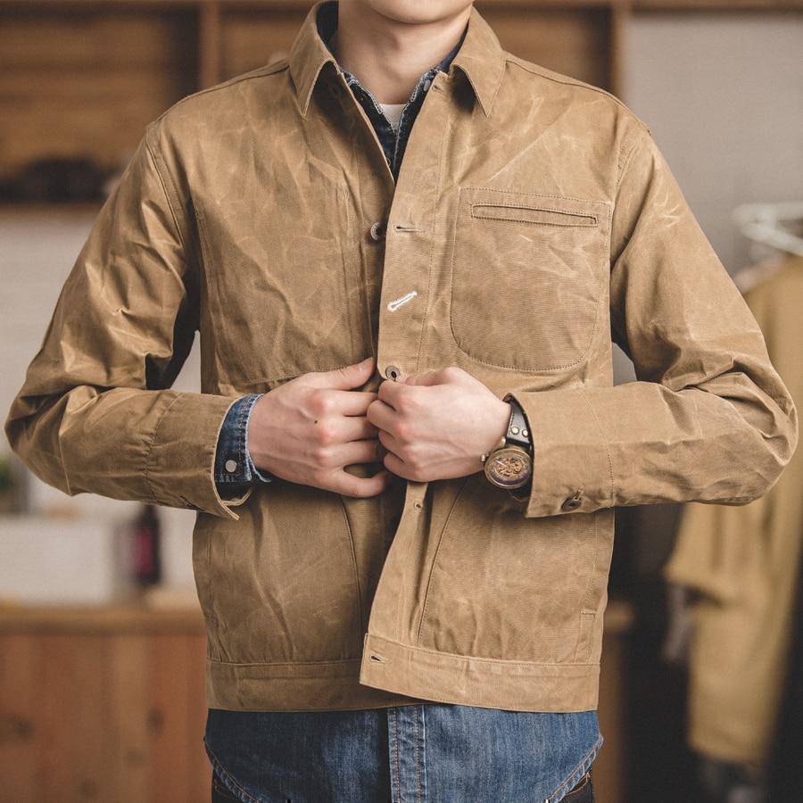 Men's classic khaki casual cotton jacket, perfect for spring or fall outerwear.