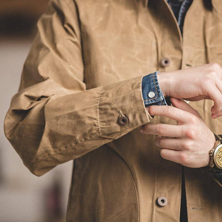 Men posing in a stylish khaki casual jacket, showcasing its classic fit and versatility.