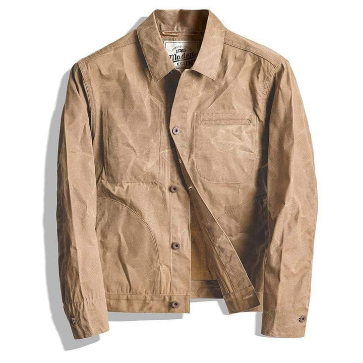 Close-up of the collar and buttons on a men's classic khaki cotton casual jacket.