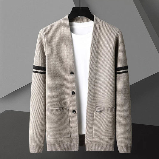 Men's classic khaki layering cardigan with a relaxed fit, ideal for smart casual or everyday wear. Comfortable and stylish.