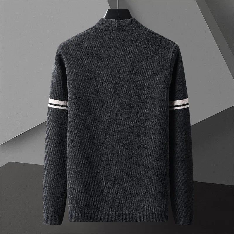 Versatile dark gray men's classic cardigan, perfect for layering and smart casual outfits. Timeless style & comfortable.
