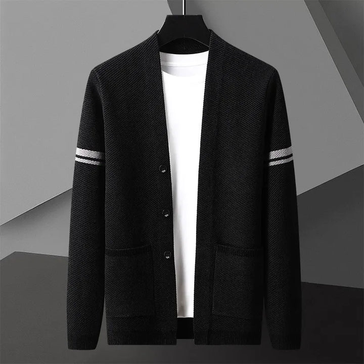 Timeless men's classic dark gray cardigan with a relaxed fit, ideal for versatile layering and everyday style.