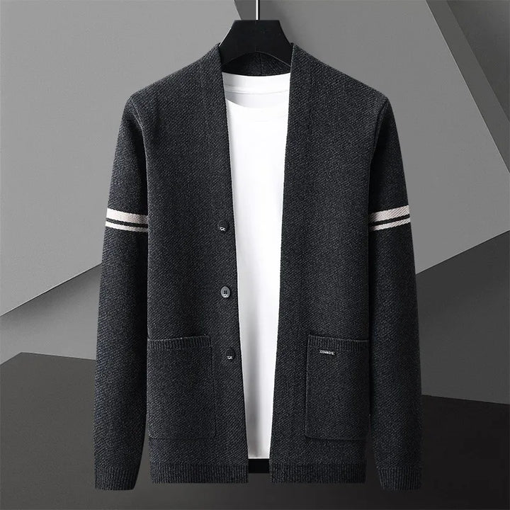 Black men's classic layering cardigan, a stylish and comfortable outerwear piece for modern smart casual looks.