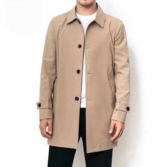 Men's classic khaki water-repellent trench coat, perfect business casual outerwear for fall & spring fashion.