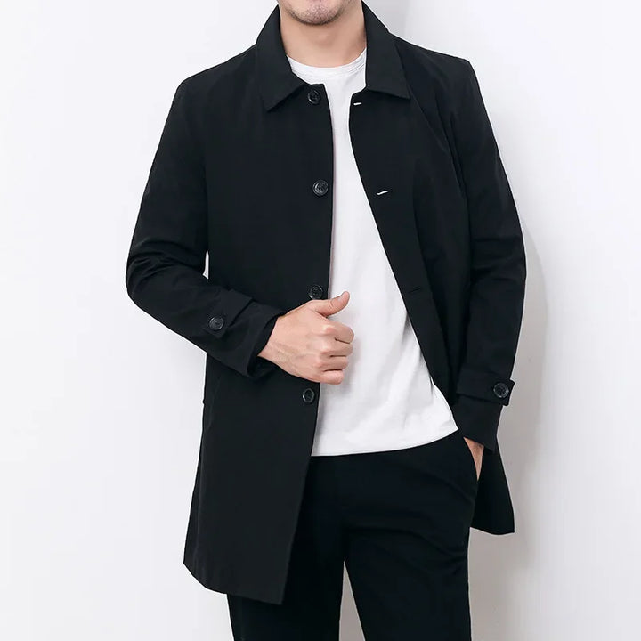Durable men's water-repellent overcoat in a classic style, offering sleek outerwear for changing seasons.