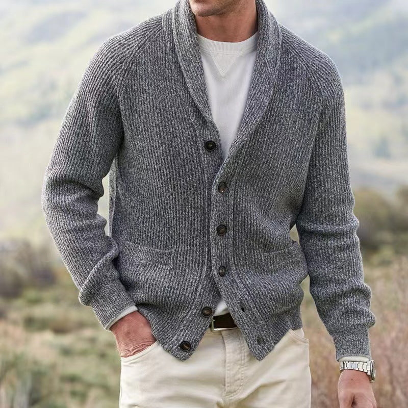 Men's classic knit cardigan with a timeless shawl collar, perfect for versatile layering and smart casual style.